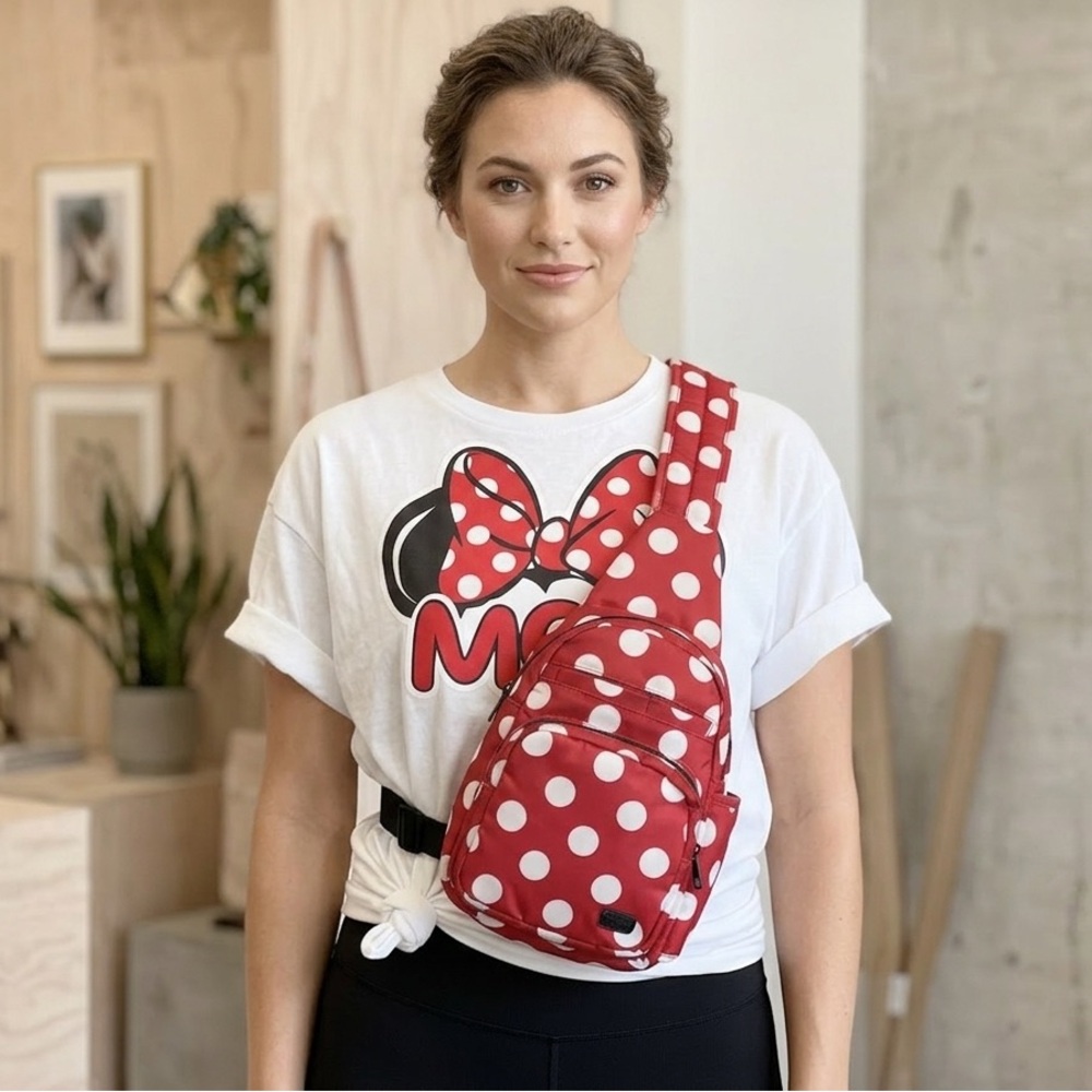 Set Of 2 Disney T-shirt And Lug Archer Sling Shoulder Crossbody Polka Dots Bag - Picture 1 of 10